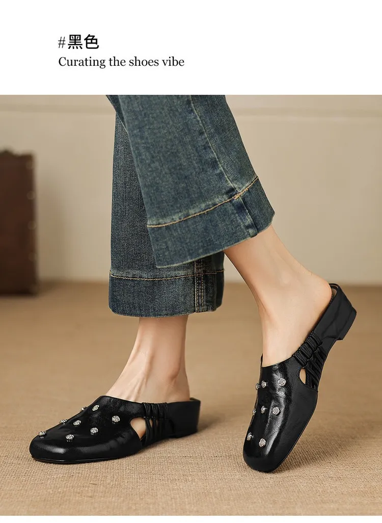 Fashionable floral buckle half-length slipper sandals, summer style half-closed toe single shoes, women's shoes, outdoor wear, wedge heel casual slippers