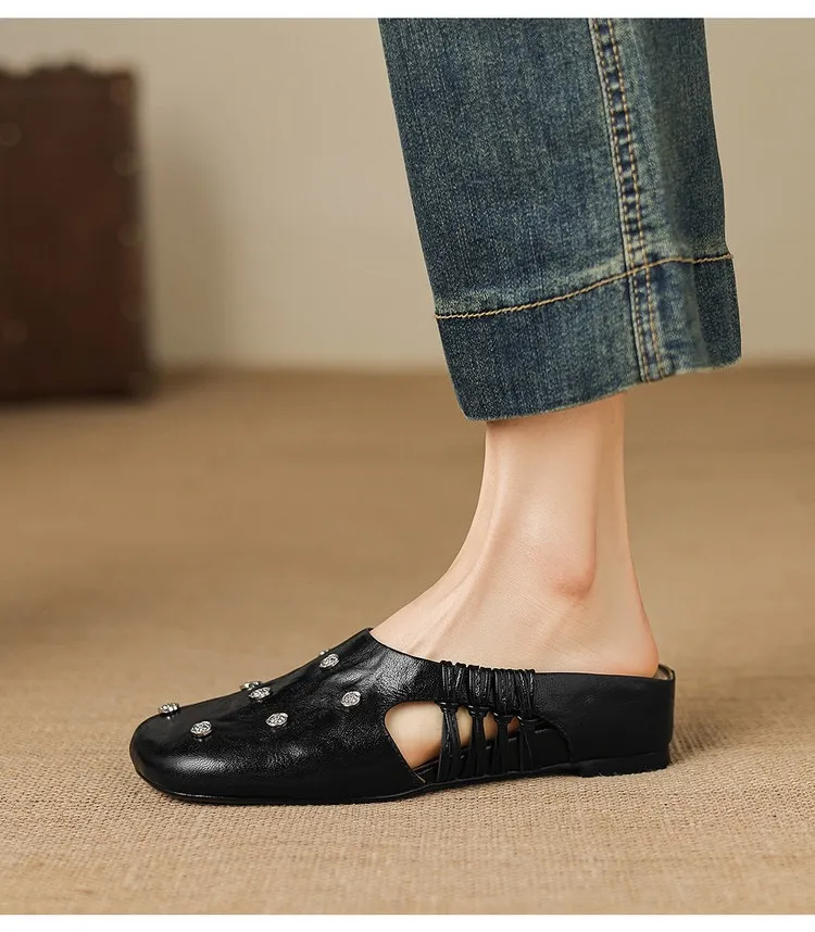 Fashionable floral buckle half-length slipper sandals, summer style half-closed toe single shoes, women's shoes, outdoor wear, wedge heel casual slippers