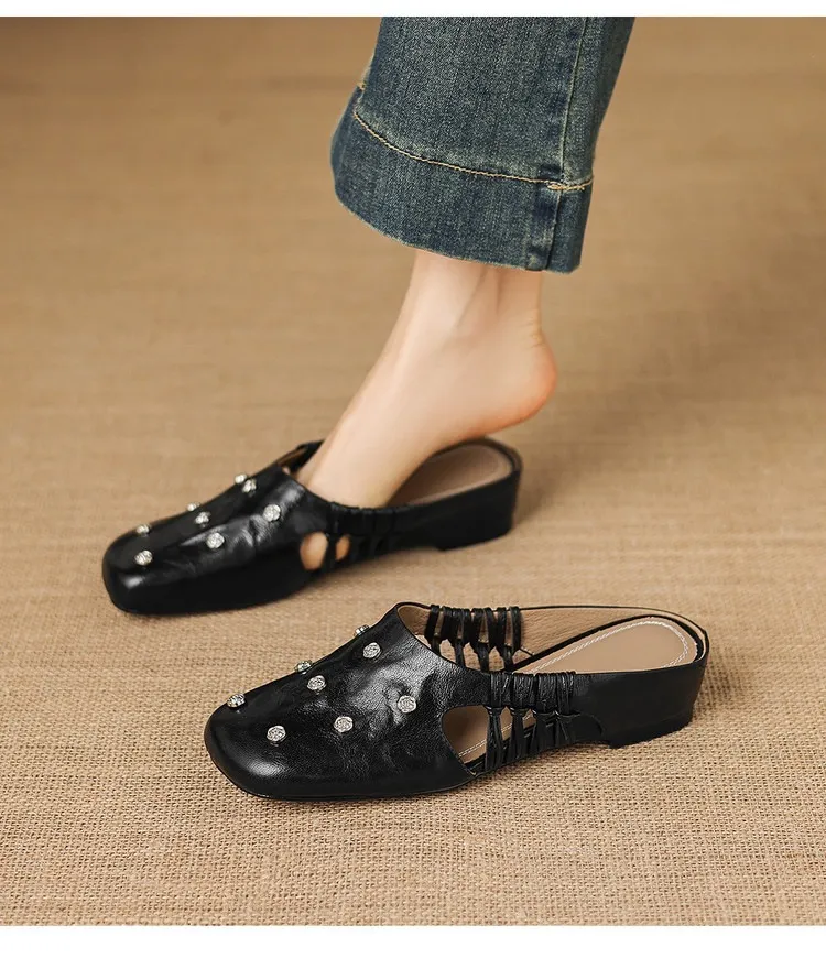 Fashionable floral buckle half-length slipper sandals, summer style half-closed toe single shoes, women's shoes, outdoor wear, wedge heel casual slippers