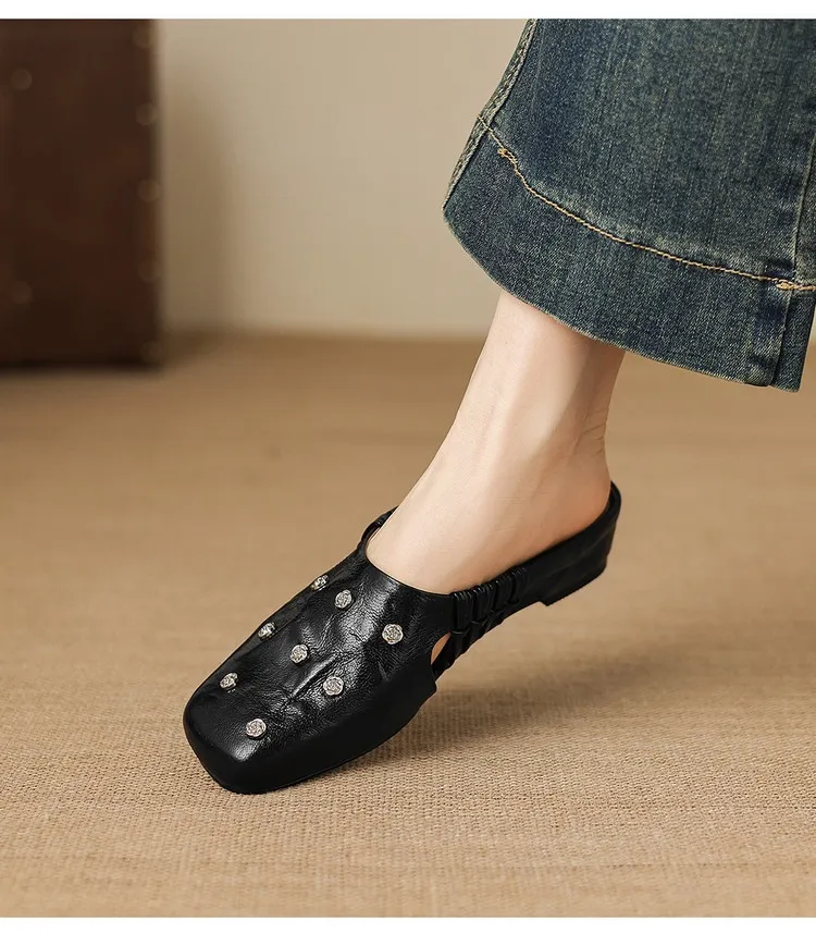 Fashionable floral buckle half-length slipper sandals, summer style half-closed toe single shoes, women's shoes, outdoor wear, wedge heel casual slippers