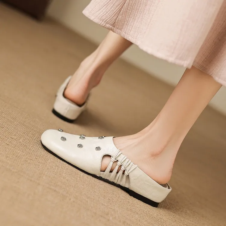 Fashionable floral buckle half-length slipper sandals, summer style half-closed toe single shoes, women's shoes, outdoor wear, wedge heel casual slippers