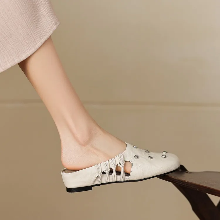 Fashionable floral buckle half-length slipper sandals, summer style half-closed toe single shoes, women's shoes, outdoor wear, wedge heel casual slippers