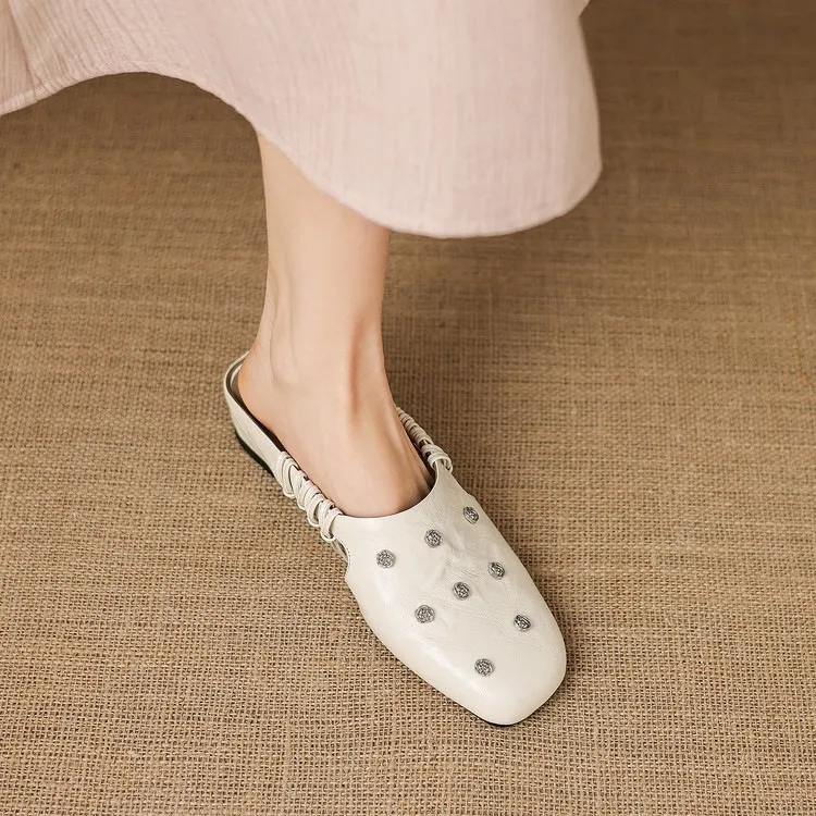 Fashionable floral buckle half-length slipper sandals, summer style half-closed toe single shoes, women's shoes, outdoor wear, wedge heel casual slippers