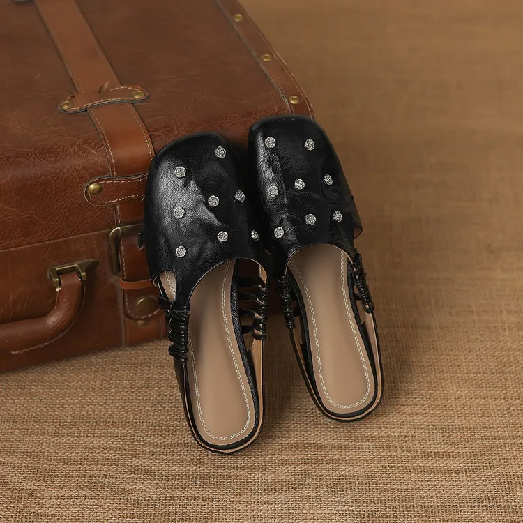 Fashionable floral buckle half-length slipper sandals, summer style half-closed toe single shoes, women's shoes, outdoor wear, wedge heel casual slippers