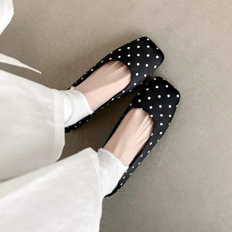 Spring flat shoes, square toe, low-cut, French polka dot fashion sheepskin women's shoes, 4-29p