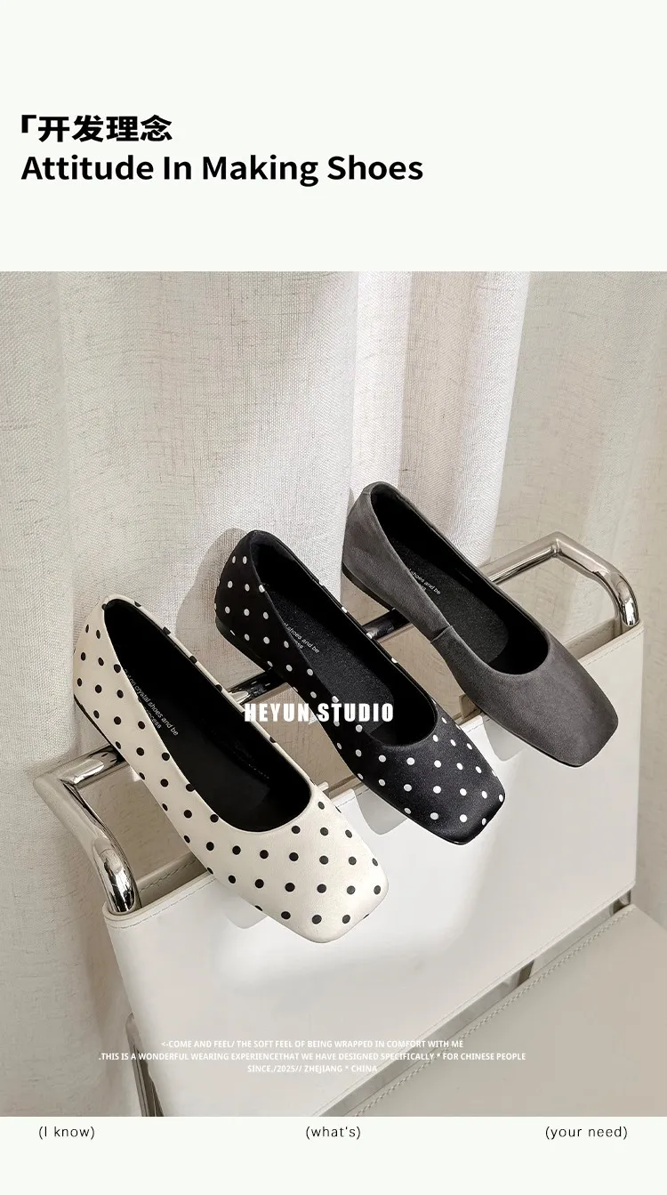 Spring flat shoes, square toe, low-cut, French polka dot fashion sheepskin women's shoes, 4-29p