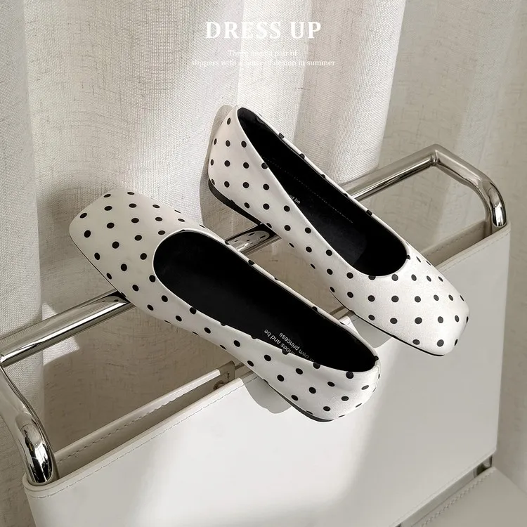 Spring flat shoes, square toe, low-cut, French polka dot fashion sheepskin women's shoes, 4-29p