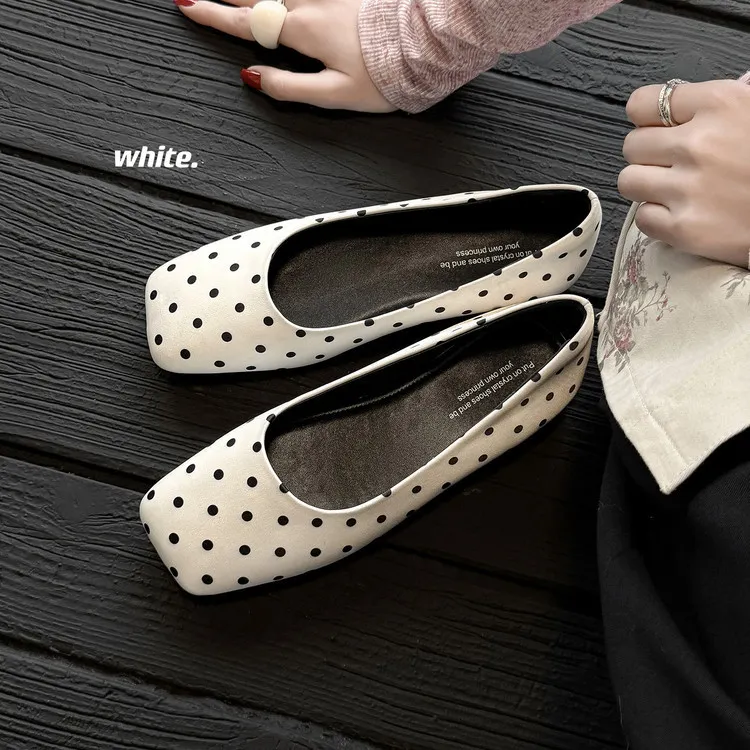 Spring flat shoes, square toe, low-cut, French polka dot fashion sheepskin women's shoes, 4-29p