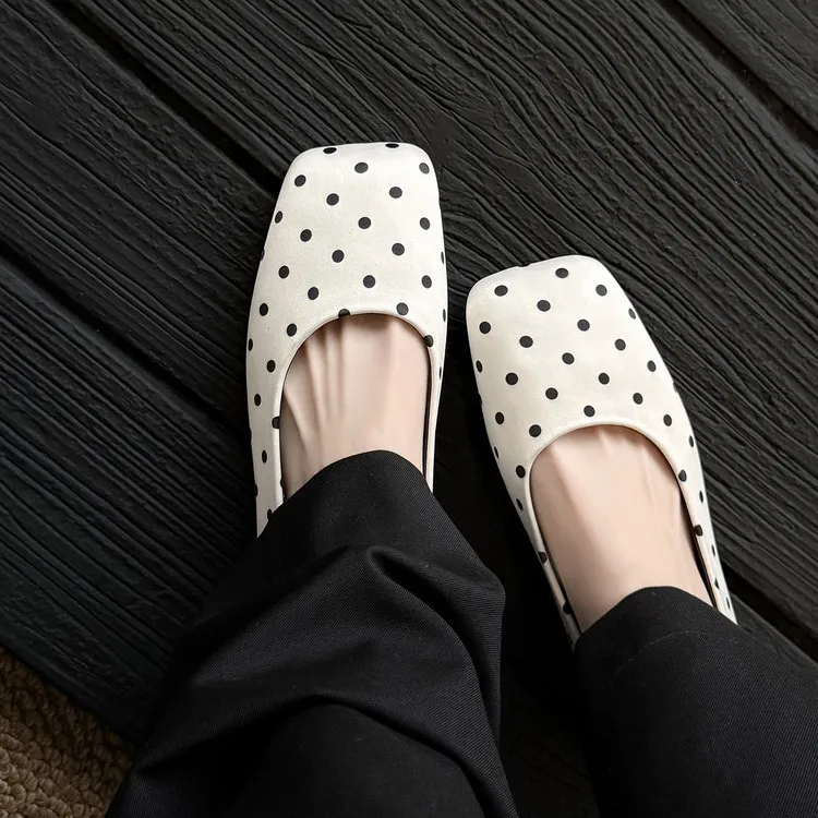 Spring flat shoes, square toe, low-cut, French polka dot fashion sheepskin women's shoes, 4-29p