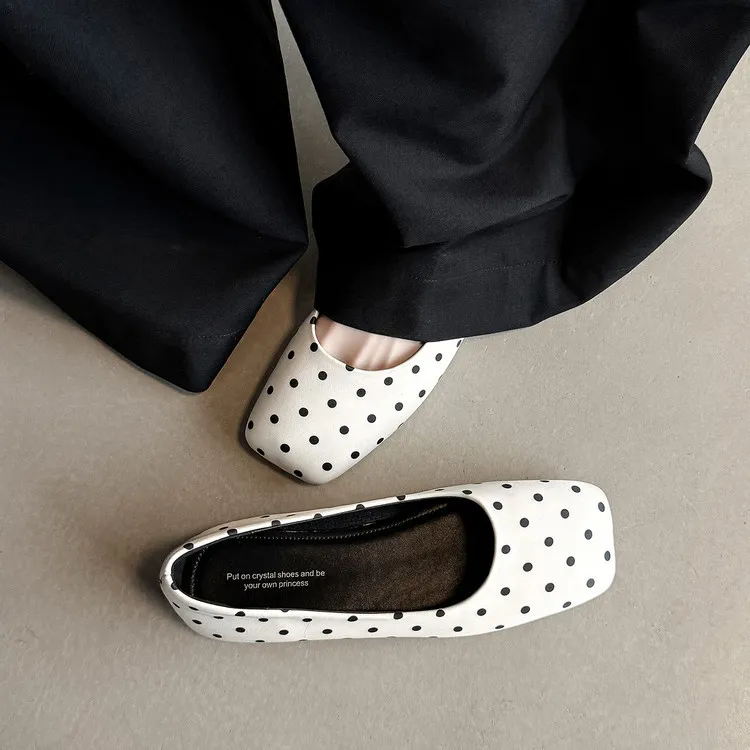 Spring flat shoes, square toe, low-cut, French polka dot fashion sheepskin women's shoes, 4-29p