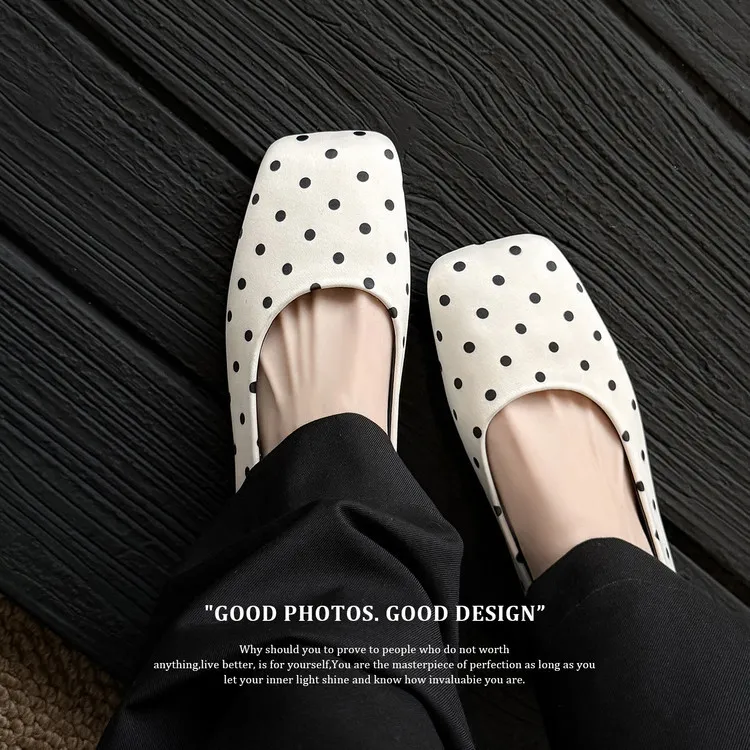Spring flat shoes, square toe, low-cut, French polka dot fashion sheepskin women's shoes, 4-29p