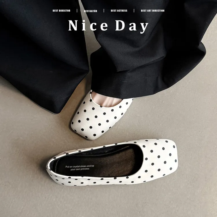 Spring flat shoes, square toe, low-cut, French polka dot fashion sheepskin women's shoes, 4-29p