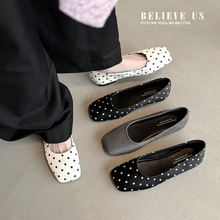 Spring flat shoes, square toe, low-cut, French polka dot fashion sheepskin women's shoes, 4-29p