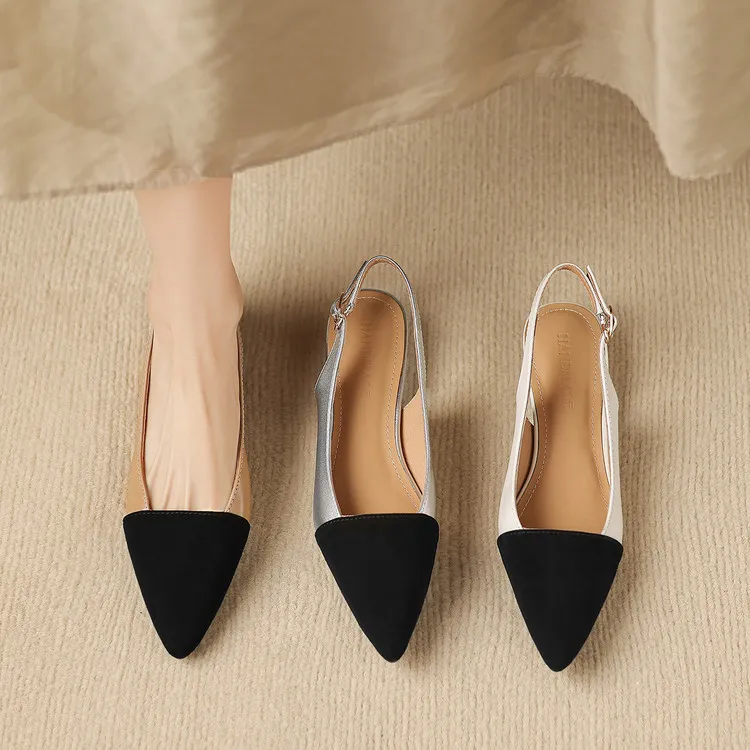 Summer sandals, pointed toe, chunky heel, high heel, open back, sheepskin fashion color-blocked women's shoes, 4-22h