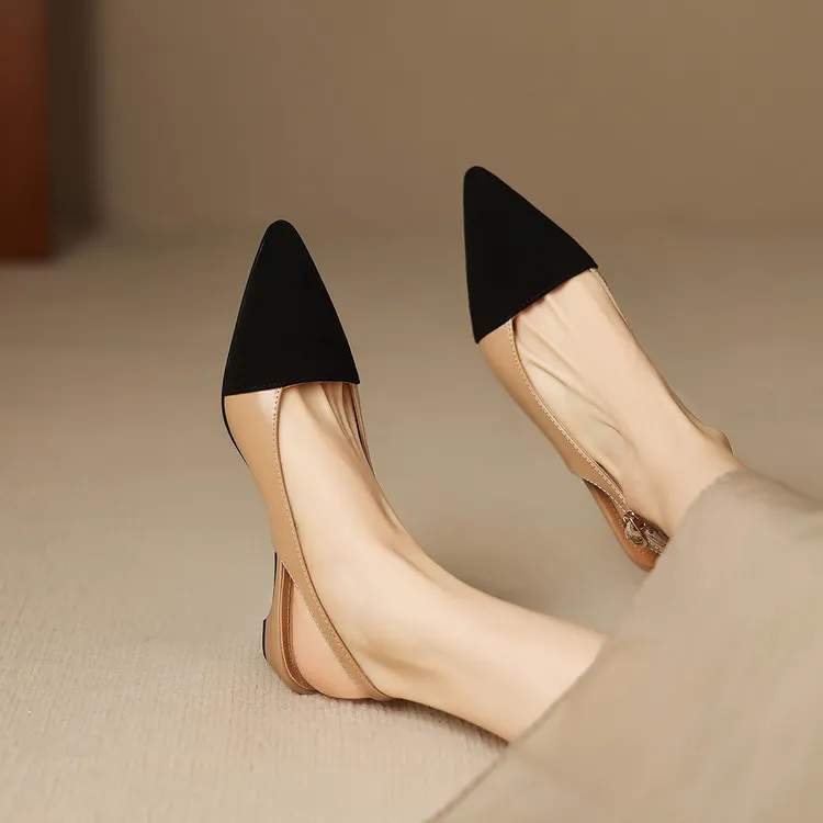Summer sandals, pointed toe, chunky heel, high heel, open back, sheepskin fashion color-blocked women's shoes, 4-22h