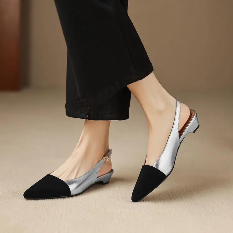 Summer sandals, pointed toe, chunky heel, high heel, open back, sheepskin fashion color-blocked women's shoes, 4-22h
