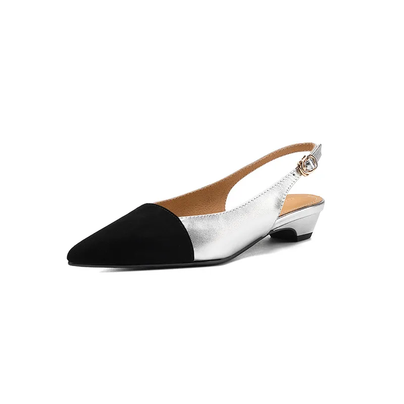 Summer sandals, pointed toe, chunky heel, high heel, open back, sheepskin fashion color-blocked women's shoes, 4-22h