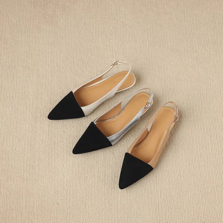 Summer sandals, pointed toe, chunky heel, high heel, open back, sheepskin fashion color-blocked women's shoes, 4-22h