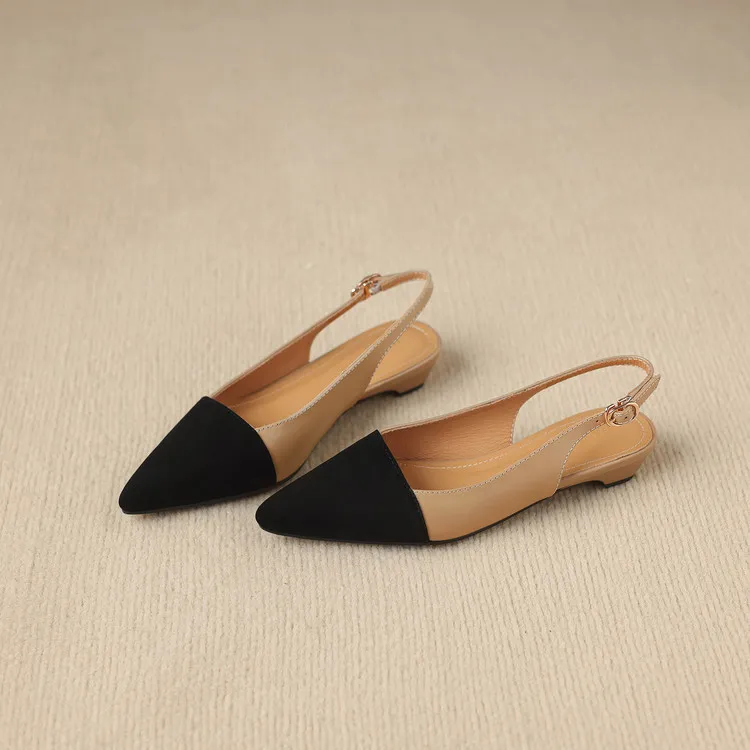 Summer sandals, pointed toe, chunky heel, high heel, open back, sheepskin fashion color-blocked women's shoes, 4-22h