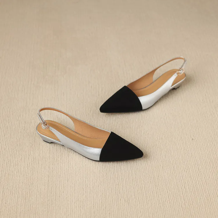 Summer sandals, pointed toe, chunky heel, high heel, open back, sheepskin fashion color-blocked women's shoes, 4-22h