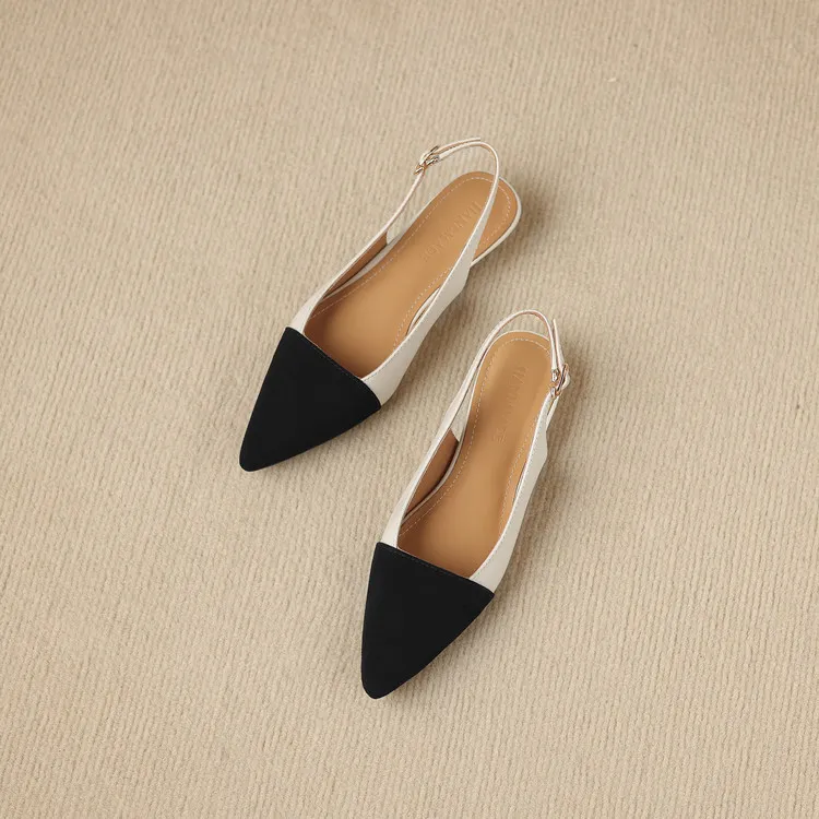 Summer sandals, pointed toe, chunky heel, high heel, open back, sheepskin fashion color-blocked women's shoes, 4-22h