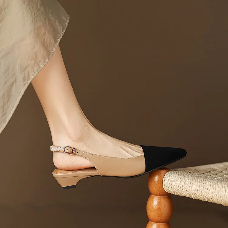 Summer sandals, pointed toe, chunky heel, high heel, open back, sheepskin fashion color-blocked women's shoes, 4-22h