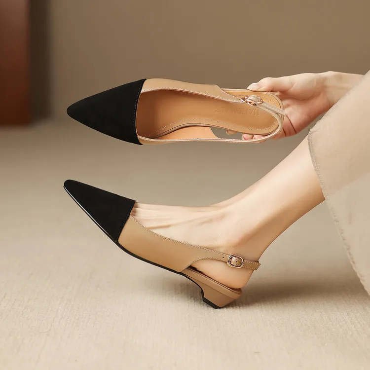 Summer sandals, pointed toe, chunky heel, high heel, open back, sheepskin fashion color-blocked women's shoes, 4-22h