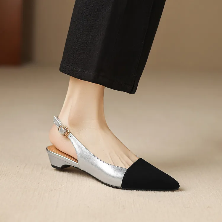 Summer sandals, pointed toe, chunky heel, high heel, open back, sheepskin fashion color-blocked women's shoes, 4-22h