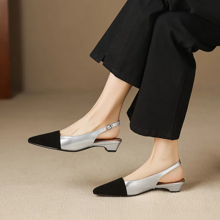 Summer sandals, pointed toe, chunky heel, high heel, open back, sheepskin fashion color-blocked women's shoes, 4-22h