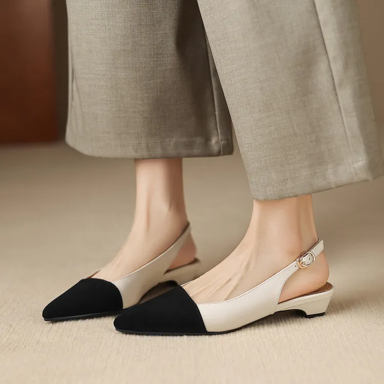 Summer sandals, pointed toe, chunky heel, high heel, open back, sheepskin fashion color-blocked women's shoes, 4-22h