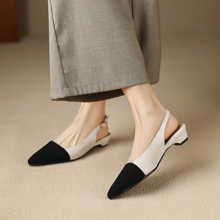 Summer sandals, pointed toe, chunky heel, high heel, open back, sheepskin fashion color-blocked women's shoes, 4-22h