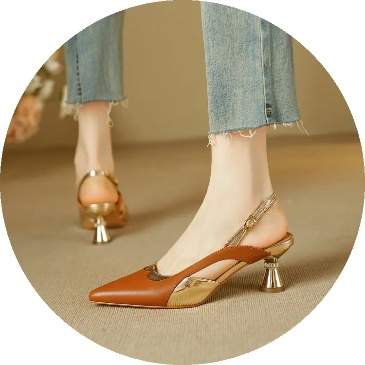 Stylish 3-color trendy summer sandals with pointed toe and chunky heel, fashionable and elegant cowhide women's shoes