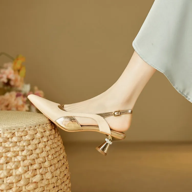 Stylish 3-color trendy summer sandals with pointed toe and chunky heel, fashionable and elegant cowhide women's shoes