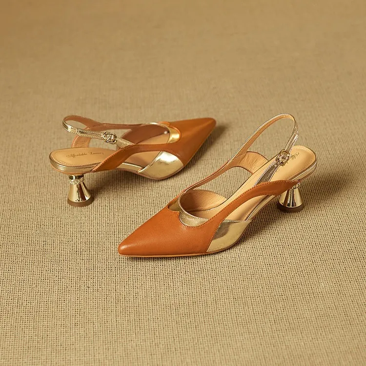 Stylish 3-color trendy summer sandals with pointed toe and chunky heel, fashionable and elegant cowhide women's shoes