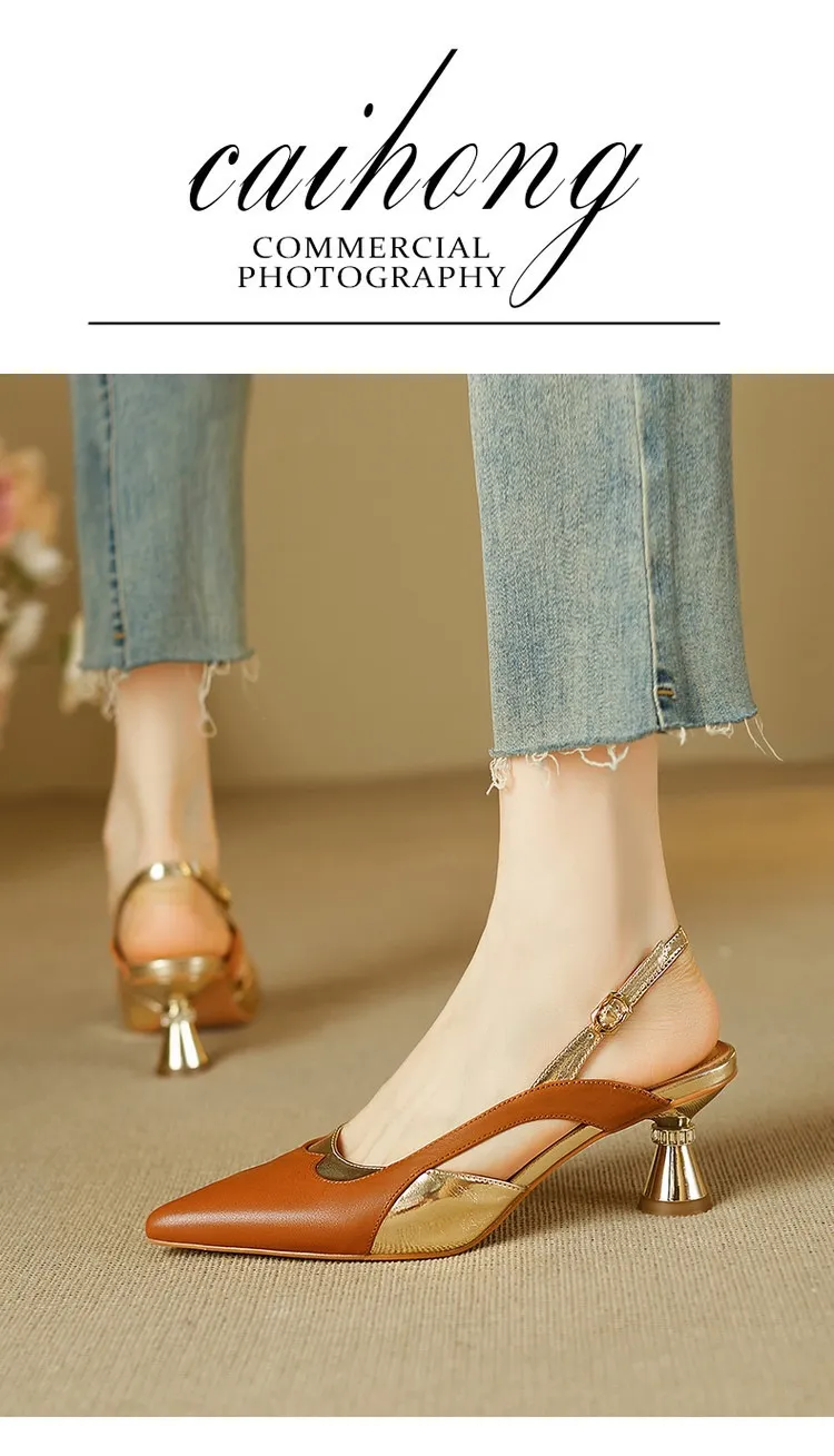 Stylish 3-color trendy summer sandals with pointed toe and chunky heel, fashionable and elegant cowhide women's shoes