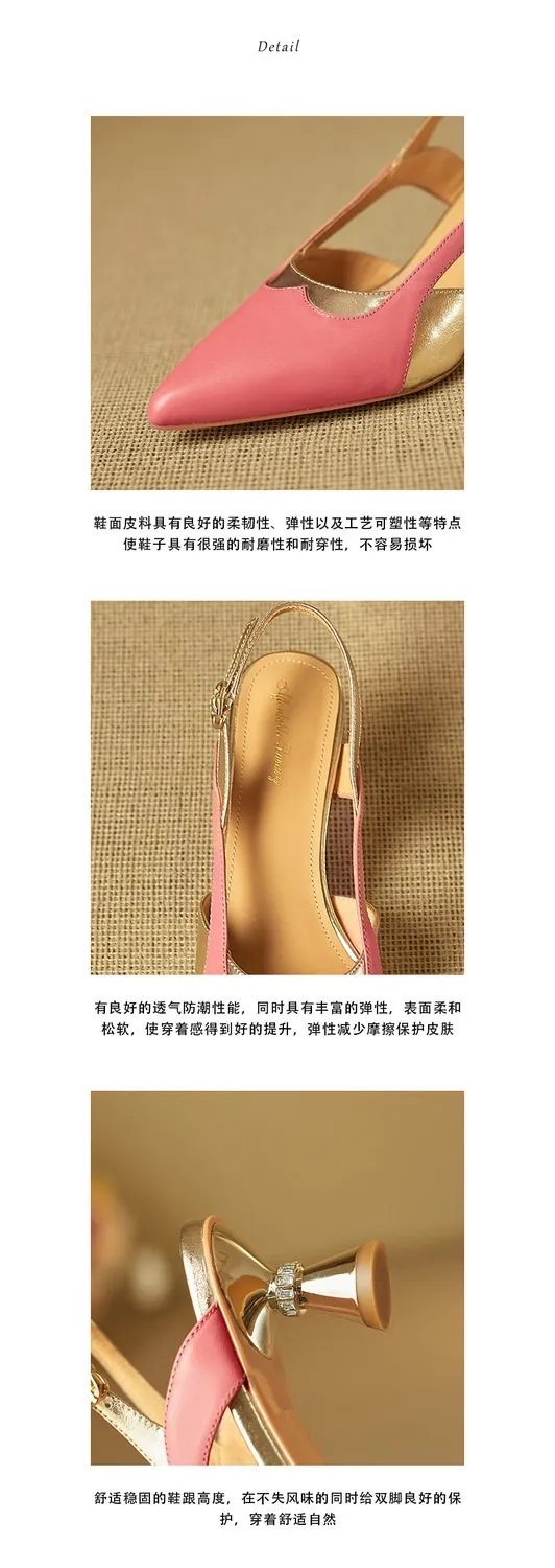Stylish 3-color trendy summer sandals with pointed toe and chunky heel, fashionable and elegant cowhide women's shoes