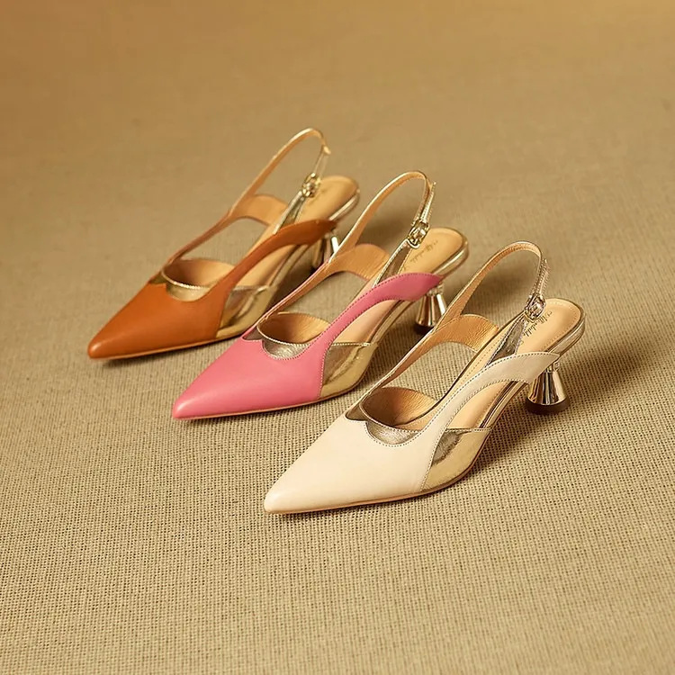 Stylish 3-color trendy summer sandals with pointed toe and chunky heel, fashionable and elegant cowhide women's shoes