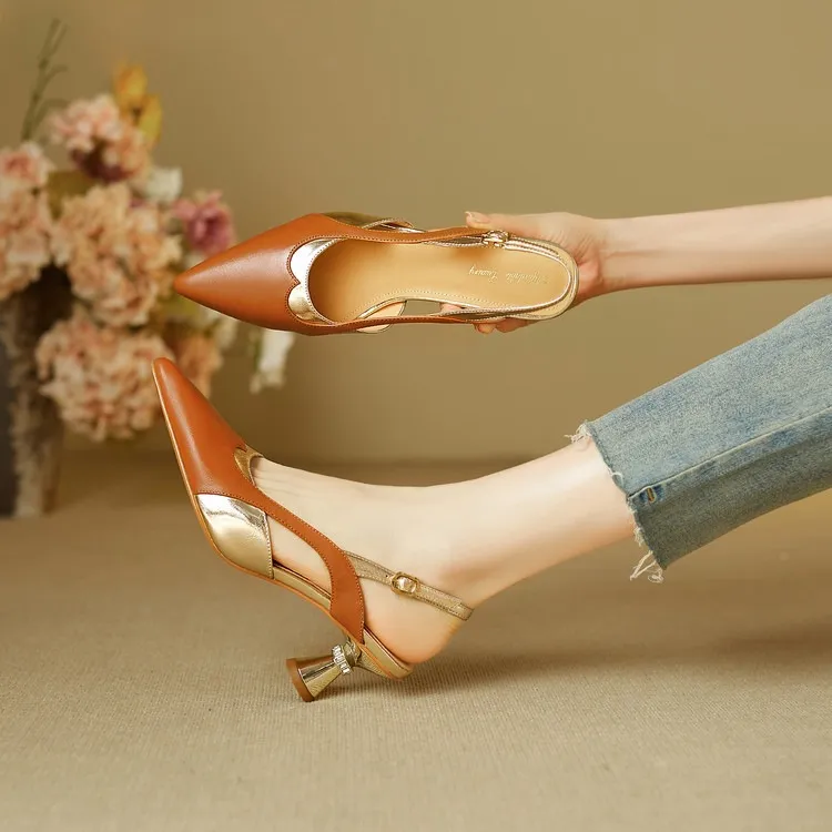 Stylish 3-color trendy summer sandals with pointed toe and chunky heel, fashionable and elegant cowhide women's shoes