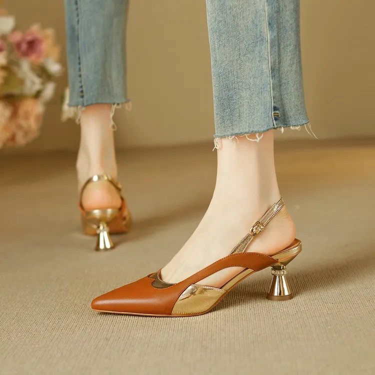 Stylish 3-color trendy summer sandals with pointed toe and chunky heel, fashionable and elegant cowhide women's shoes