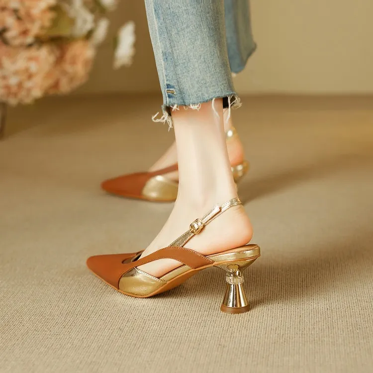 Stylish 3-color trendy summer sandals with pointed toe and chunky heel, fashionable and elegant cowhide women's shoes