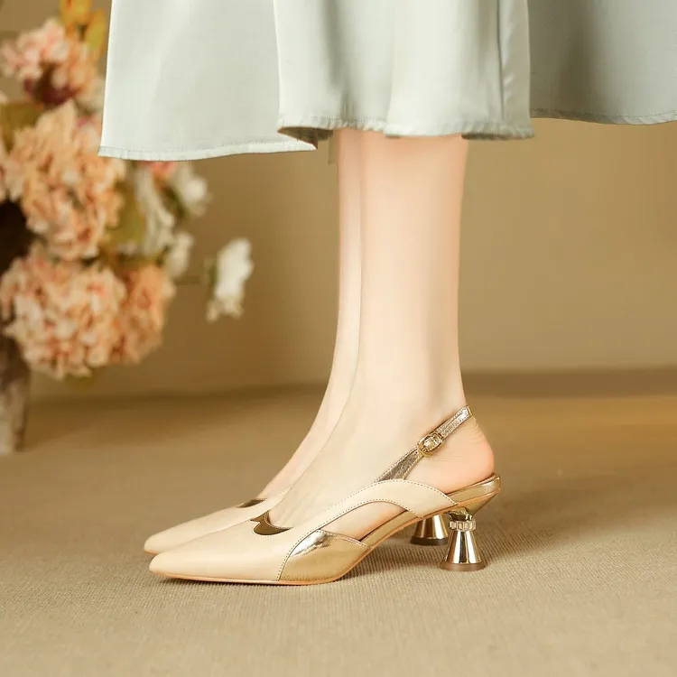 Stylish 3-color trendy summer sandals with pointed toe and chunky heel, fashionable and elegant cowhide women's shoes