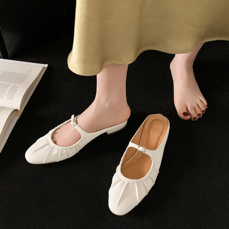 Summer slippers, round toe, chunky heel, low heel, closed toe, cowhide fashion women's shoes, 4-29g