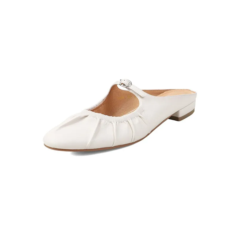 Summer slippers, round toe, chunky heel, low heel, closed toe, cowhide fashion women's shoes, 4-29g
