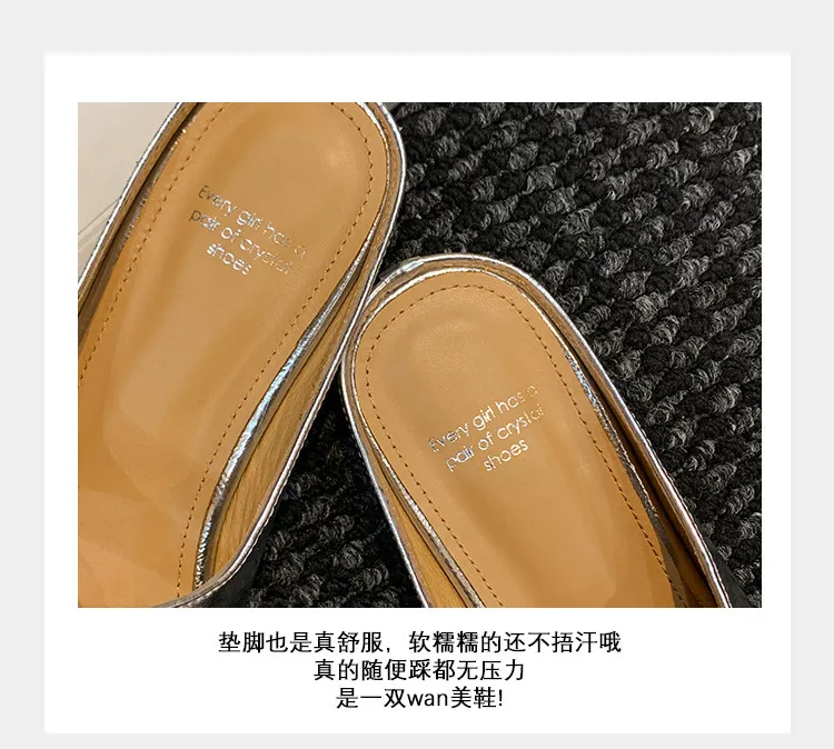 Summer slippers, round toe, chunky heel, low heel, closed toe, cowhide fashion women's shoes, 4-29g