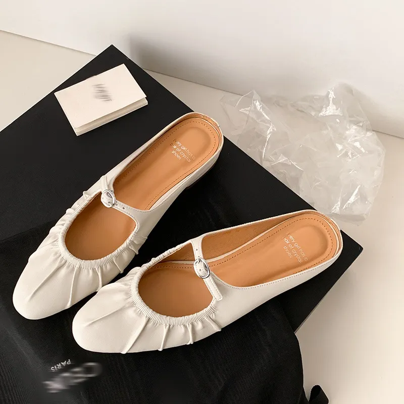 Summer slippers, round toe, chunky heel, low heel, closed toe, cowhide fashion women's shoes, 4-29g