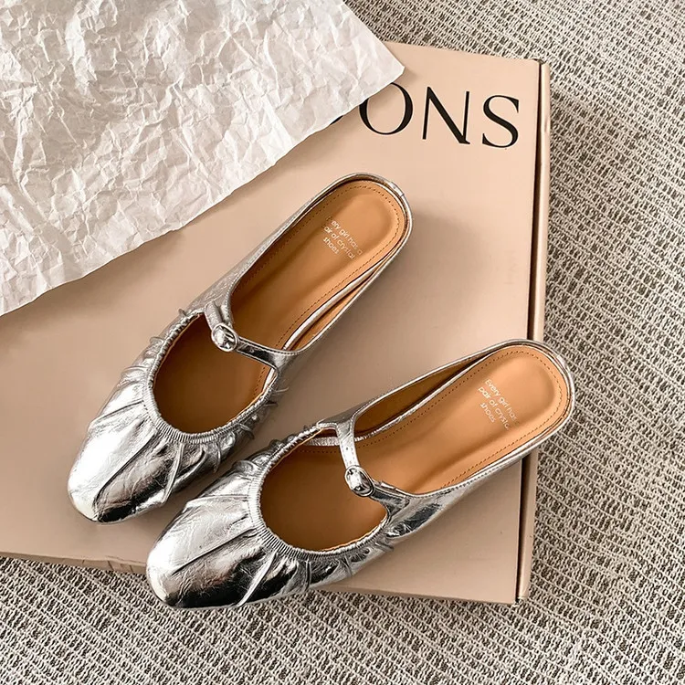 Summer slippers, round toe, chunky heel, low heel, closed toe, cowhide fashion women's shoes, 4-29g