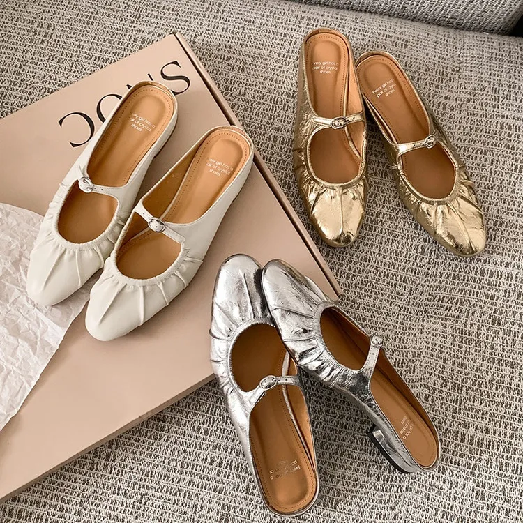Summer slippers, round toe, chunky heel, low heel, closed toe, cowhide fashion women's shoes, 4-29g
