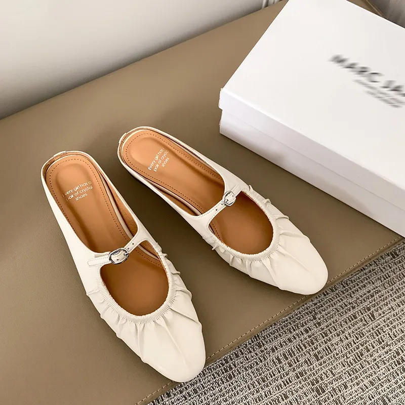 Summer slippers, round toe, chunky heel, low heel, closed toe, cowhide fashion women's shoes, 4-29g