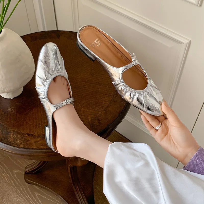 Summer slippers, round toe, chunky heel, low heel, closed toe, cowhide fashion women's shoes, 4-29g