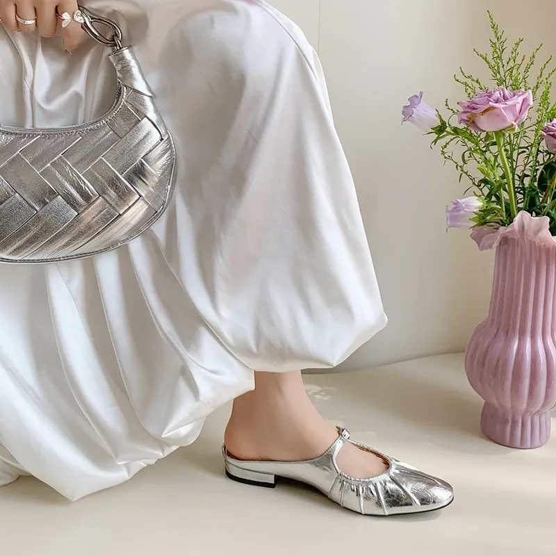 Summer slippers, round toe, chunky heel, low heel, closed toe, cowhide fashion women's shoes, 4-29g